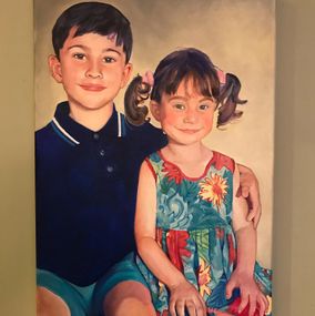 "Julia and brother" A3 waterbased oil on canvas.