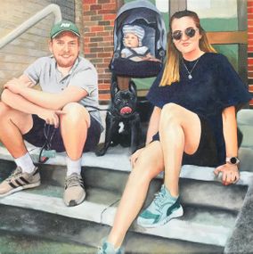 "Family on steps" A3 waterbased oils on canvas